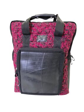 Indonesian Hand Crafted Pink Recycled Plastics Backpack Black Front Pocket